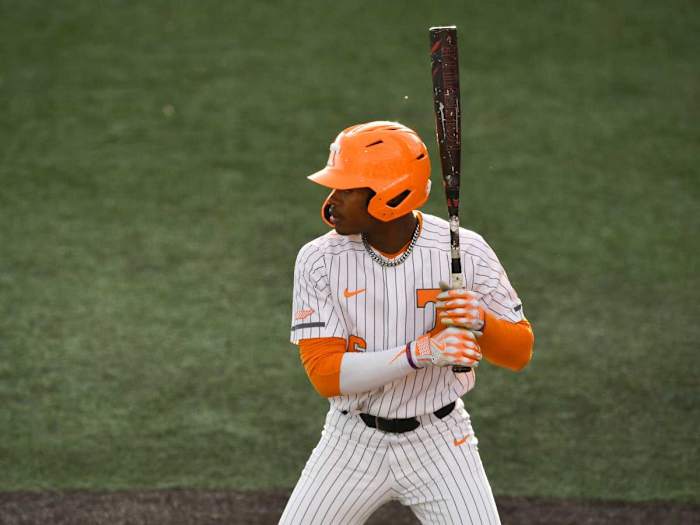 Tennessee OF Kyle Booker pinch-hitting against UNC Asheville in Knoxville, Tennessee, on March 28, 2023. (Photo by Saul Young of the News-Sentinel, USA Today Sports)